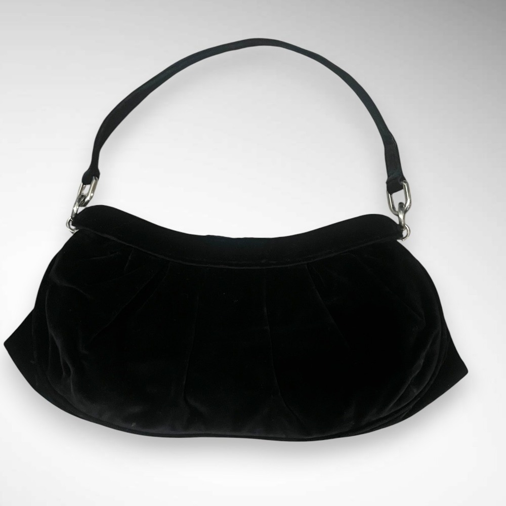 ANTONIO MELANI Like New Black Velvet‎ Clutch With Platinum Finish Hardware